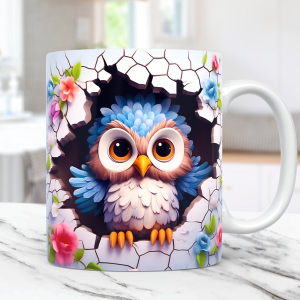 Envoltura de taza de búho bebé 3D, diseño de sublimación de envoltura de taza de búho con agujero agrietado 3D PNG, envoltura de taza de búho floral 3D de 11 oz y 15 oz