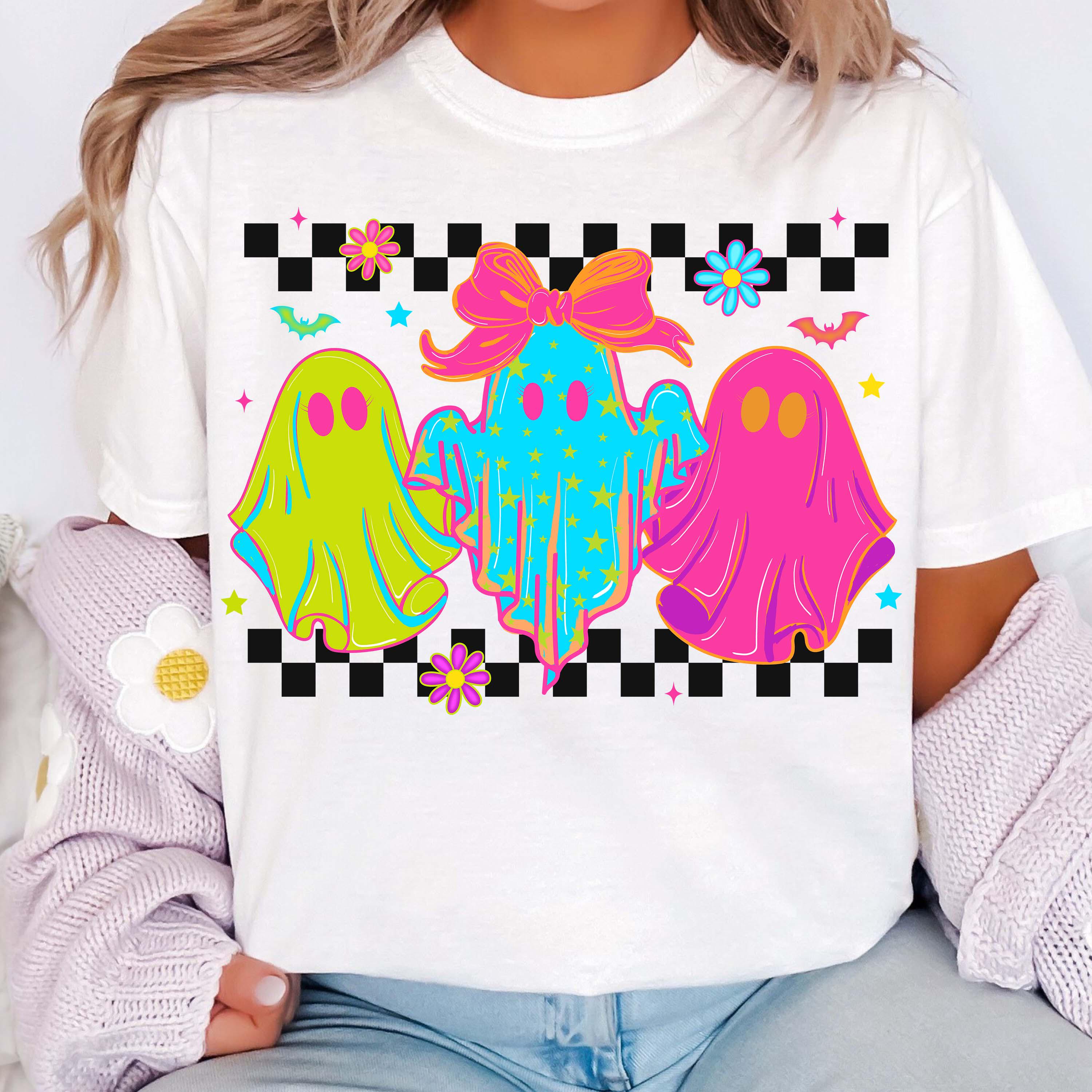 Checkered Neon Halloween Ghost Png, Cute Boo Ghost Coquette Png ...
