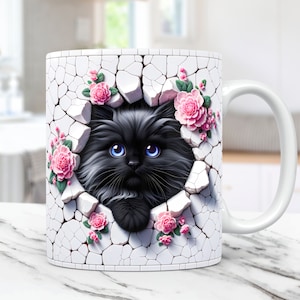 3D Kitten Hole In A Wall Mug Wrap Cat Mug Wrap Sublimation Design 11oz and 15oz Coffee Cup Template 3D Floral Cute Cat Mug PNG Press Design