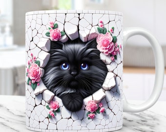Tazza con gatto 3D con buco nel muro, modello per tazza da caffè da 11 e 15 once, modello per tazza con gatto carino floreale 3D, design a sublimazione PNG