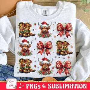 May include: A sublimation design featuring a repeating pattern of a Highland cow wearing a Santa hat, cowboy boots with lights, and a red bow with holly and berries. The design is on a gray sweatshirt.