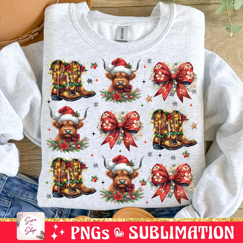 May include: A sublimation design featuring a repeating pattern of a Highland cow wearing a Santa hat, cowboy boots with lights, and a red bow with holly and berries. The design is on a gray sweatshirt.