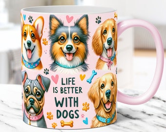 May include: A ceramic mug with a pink handle and a light pink interior. The mug features illustrations of various dog breeds on a pink background, along with the text "LIFE IS BETTER WITH DOGS".
