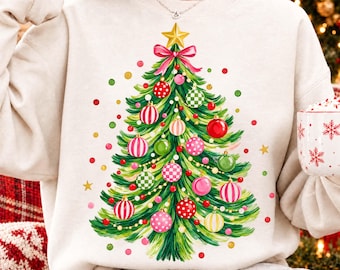 Coquette Christmas Tree PNG, Girly png, Xmas png, Preppy Holiday Tree, Checkered Ornament Christmas PNG, Hand Painted Xmas Sublimation