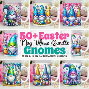 May include: A set of 9 sublimation designs featuring Easter gnomes with colorful hats, eggs, and bunnies. The designs are perfect for creating custom mugs for the spring holiday.