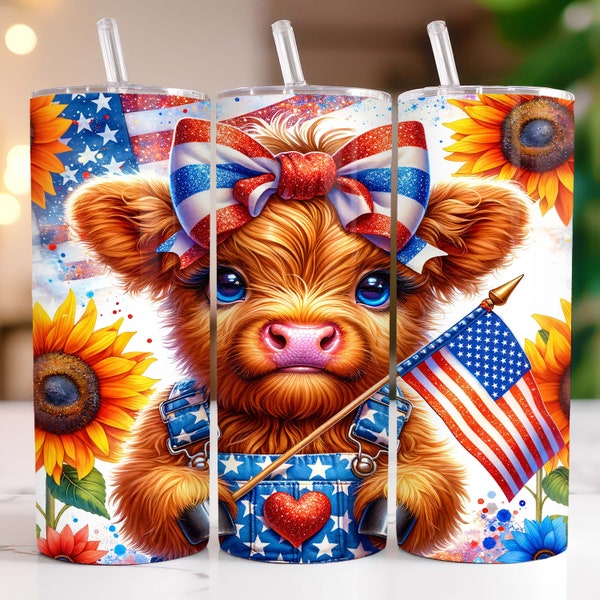 Floral Patriotic Highland Cow Tumbler Wrap 20 oz Skinny Tumbler PNG Sublimation Design Sunflowers American Flag 4th of July Tumbler Wrap