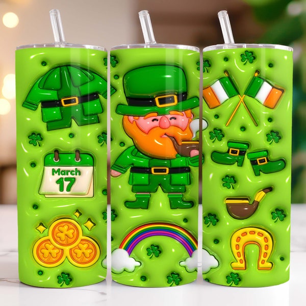 3D Inflated St Patrick's Day Tumbler Wrap Shamrocks St Patrick's Day 20oz Tumbler Sublimation Design 3D Irish Puffy St Patrick's Tumbler PNG