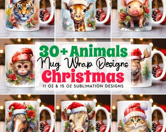 May include: Set of 30+ Christmas mug wrap designs featuring various animals wearing Santa hats. The designs are for 11 oz and 15 oz sublimation mugs.