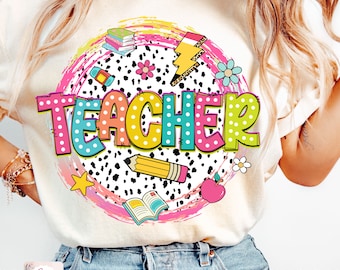 Retro Teacher Png, Back to School Png, Bright Doodle Dots, Teacher Appreciation Gift, Teacher Life, First Day of School Png, Teacher png