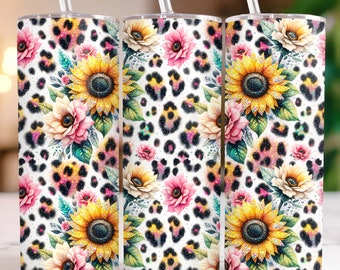 Envoltura para vaso de girasoles, vaso delgado de 20 oz, diseño de sublimación de leopardo con purpurina PNG, envoltura para vaso de girasoles con purpurina sin costuras, descarga digital