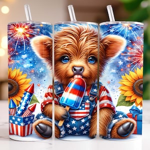 4th of July Highland Cow Tumbler Wrap 20 oz Skinny Tumbler PNG Sublimation Design, Highland Cow Tumbler Wrap, 4th of July Tumbler Wrap