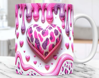 3D Pink Heart Hole In A Wall Mug Wrap, Valentines Day 11oz & 15oz Mug PNG Sublimation Design, Coffee Cup Mug Wrap Template, Digital Download