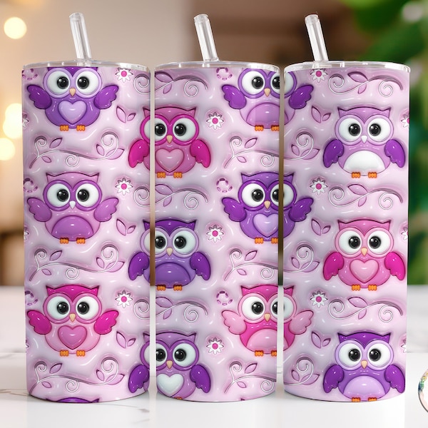 3D Inflated Owl Tumbler Wrap, Puffy Owl Sublimation Design PNG, 20 oz Skinny Tapered Straight 3D Owl Flowers Tumbler Wrap