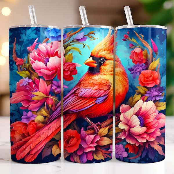 Red Cardinal Tumbler Wrap Bird Flowers 20 oz Skinny Tumbler Sublimation Design Straight & Tapered Tumbler PNG, Digital Download