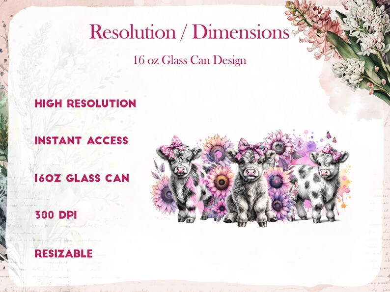 May include: Digital design featuring three Highland cows with pink bows, surrounded by pink and purple sunflowers. The design is for a 16 oz glass can and is 300 DPI, high resolution, and resizable.