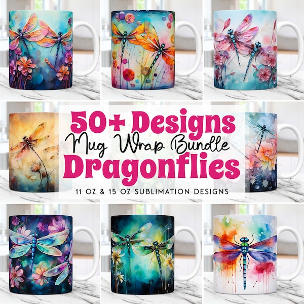Dragonflies Mug Wrap Bundle Mug PNG Sublimation Designs 15oz 11oz Watercolor Dragonfly Mug Wrap Day Template Coffee Cup