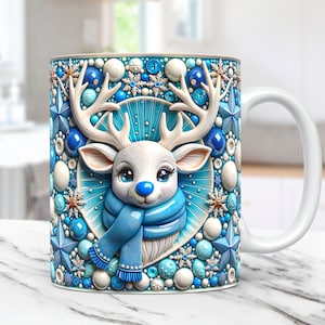 3D Deer Christmas Mug Wrap Cute Mug Wrap Sublimation Design PNG 3D Cute Deer 11oz 15oz Coffee Cup Template 3D Christmas Mug Press Design