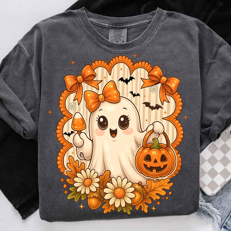 Pode incluir: Camisola cinza escuro com um design de fantasma de desenho animado segurando uma ab&oacute;bora e doces de milho. O fantasma &eacute; cercado por la&ccedil;os laranja, morcegos, flores e folhas de outono. O design tem um estilo vintage de desenho animado, perfeito para o Halloween.
