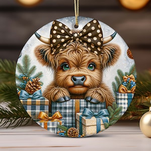 Baby Highland Cow Christmas Ornament PNG Sublimation Designs, Cute Christmas Round Ornament PNG, Instant Digital Download