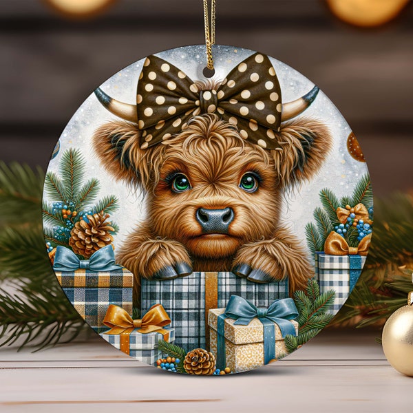 Baby Highland Cow Christmas Ornament PNG Sublimation Designs, Cute Christmas Round Ornament PNG, Instant Digital Download