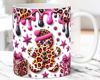 3D Pink Gingerbread Christmas Mug Wrap, Cute Gingerbread Mug Wrap Sublimation Designs PNG, 11oz and 15oz Coffee Mug Wrap, Digital Download