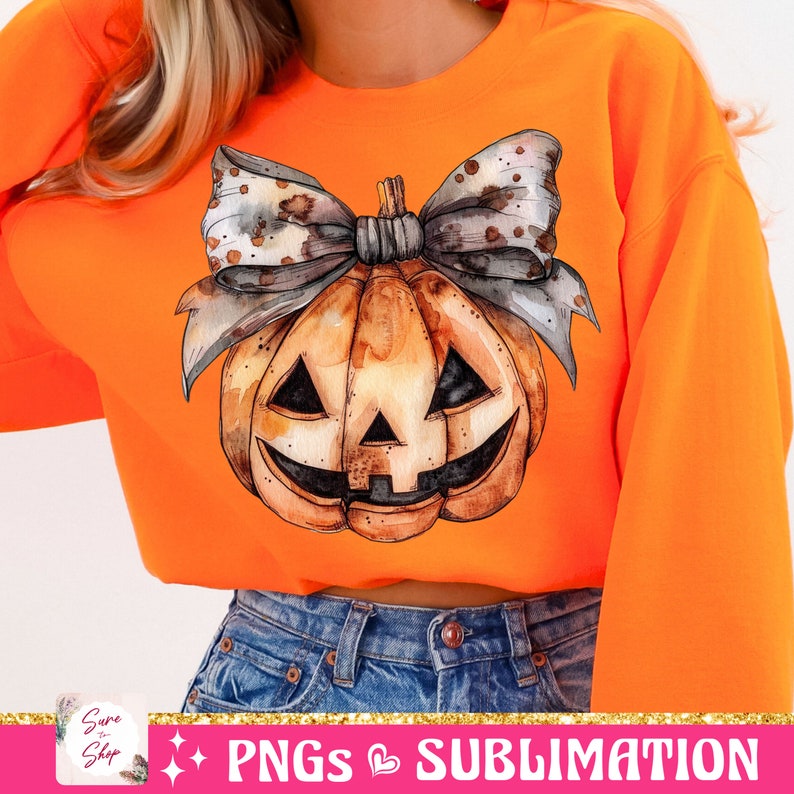 May include: A watercolor illustration of a pumpkin with a bow on top. The pumpkin is orange and has a jack-o'-lantern face. The bow is brown and white with polka dots. The illustration is on a bright orange background.