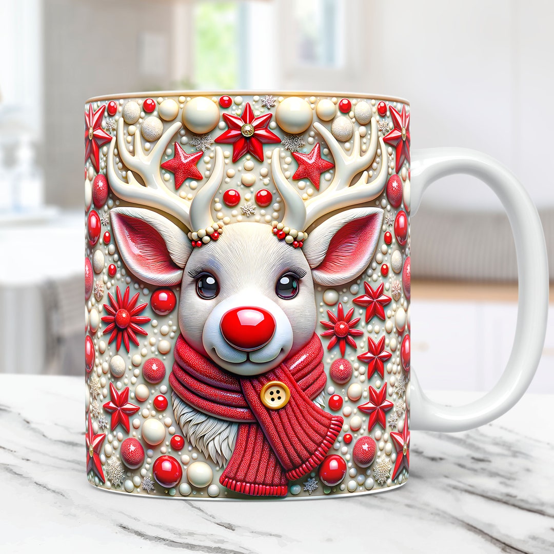 3D Deer Christmas Mug Wrap Cute Mug Wrap Sublimation Design PNG Cute ...