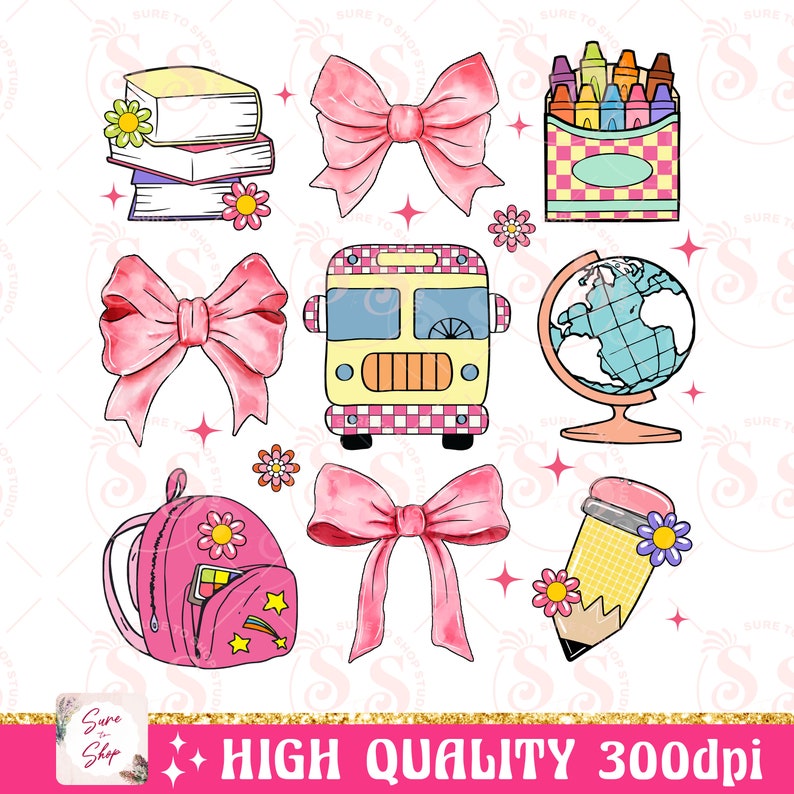 May include: A set of nine watercolor illustrations featuring school-themed items, including a stack of books, a school bus, a globe, a backpack, a pencil, crayons, and three pink bows.