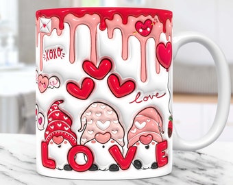 3D Inflated Gnome Valentine Mug Wrap Gnome Love Mug Wrap PNG Sublimation Design, 3D Puffy Pink Valentines Day Gnome 11oz & 15oz Mug Template