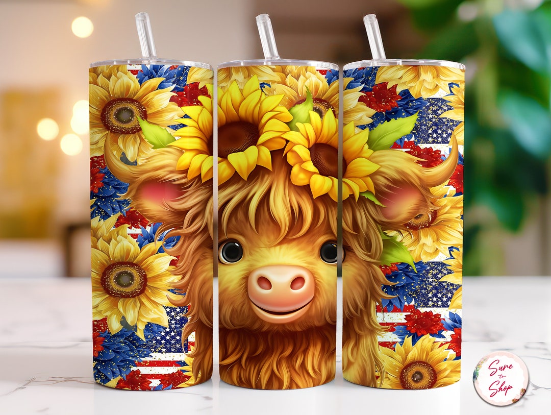 Cute Baby Highland Cow Tumbler Wrap Patriotic Sunflowers Tumbler ...
