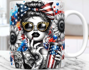 4th of July Sunflowers Girl Mug Wrap American Flag Mug PNG Sublimation Design Floral Patriotic 11oz 15oz Coffee Cup Template Mug