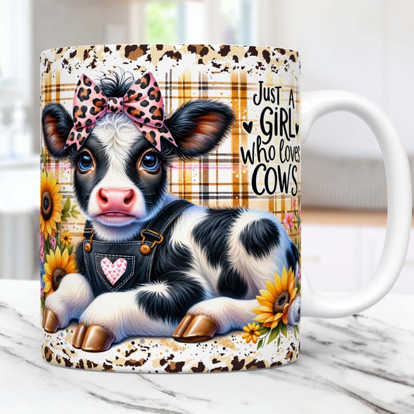 Baby Cow Mug Wrap, Just A Girl Who Loves Cows Mug Sublimation Design, 11oz & 15oz Mug Template, Mug Wrap Template PNG