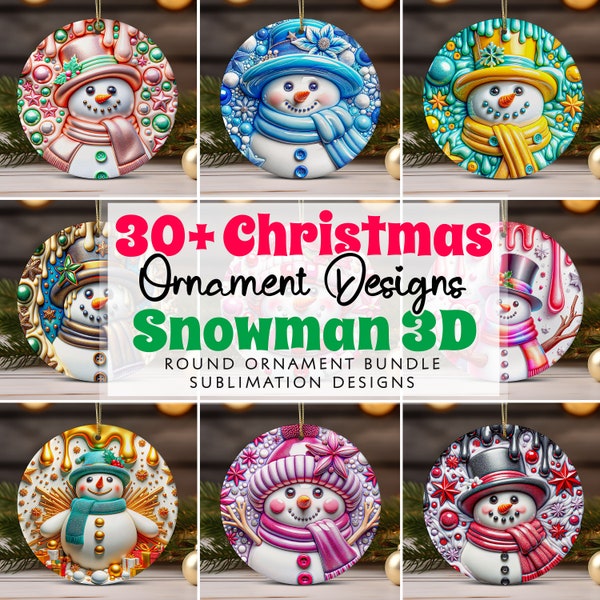 3D Snowman Christmas Ornament Bundle PNG Sublimation Designs Cute 3D Christmas Round Ornament PNG, Instant Digital Download