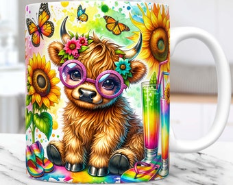 Tazza estiva con mucca delle Highlands, design per sublimazione della tazza con mucca delle Highlands, modello di tazza estiva PNG, modello di tazza da 11oz e 15oz, download digitale