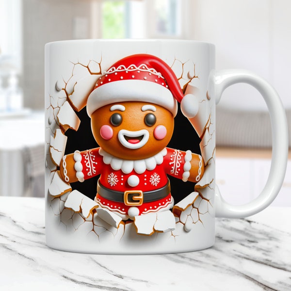 3D Gingerbread Hole In A Wall Mug Wrap Christmas Mug Wrap Sublimation Design, 11oz & 15oz Coffee Cup Template, 3D Gingerbread Mug PNG Design