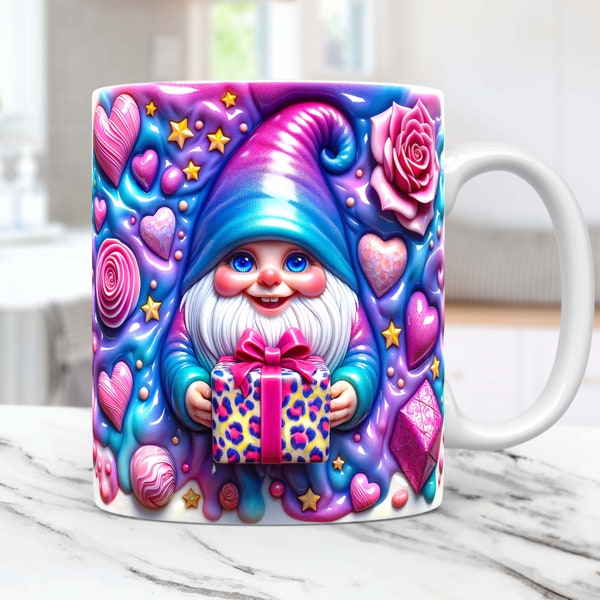 3D Gnome Valentine Mug Wrap, Gnome Mug Wrap PNG Sublimation Design, Valentines 11oz 15oz Mug Template, Cute Gnome Valentine Mug Press Design