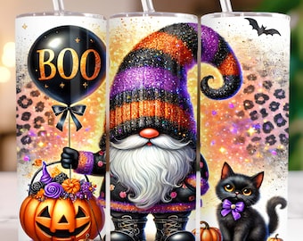 May include: Three Halloween-themed tumblers with a gnome, a black cat, and a pumpkin. The gnome is wearing a purple and orange striped hat and holding a black balloon that says "BOO". The cat is wearing a purple bow tie and sitting next to a pumpkin. The pumpkin is orange and has a jack-o'-lantern face.