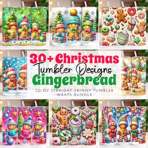 Könnte beinhalten: Ein Set mit über 30 Weihnachts-Lebkuchen-Becherdesigns. Die Designs zeigen Lebkuchenmänner, Zuckerstangen und andere weihnachtliche Leckereien. Die Becher sind 20 oz gerade schlanke Becher.