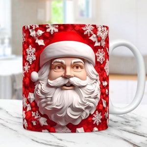 Envoltura de taza de Papá Noel 3D, diseño de sublimación de envoltura de taza navideña PNG, plantilla de taza de café de 11 oz y 15 oz de Papá Noel 3D, diseño de prensa de taza navideña 3D