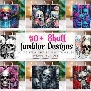 Skull Tumbler Wrap Bundle 20 oz Tumbler Sublimation Designs Watercolor & 3D Tumbler wrap Skull and Roses Straight Tumbler PNG