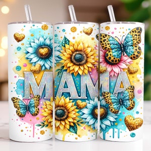 Sunflowers Mama Tumbler Wrap 20 oz Skinny Tumbler PNG Mama Sublimation Design Glitter Leopard Mom Life Seamless Mother's Day Tumbler Wrap