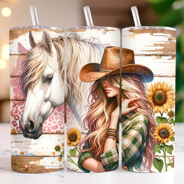 Involucro per bicchiere con ragazza cavallo 20 oz Bicchiere da cowgirl magro PNG Sublimazione Design Involucro per bicchiere da cowgirl country occidentale Involucro per bicchiere da ragazza occidentale