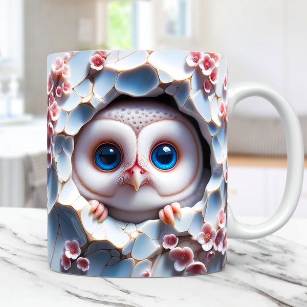 3D Baby Owl Mug Wrap 3D Cracked Hole Owl Mug Wrap Sublimation Design PNG, 3D Floral 11oz and 15oz Owl Mug Wrap