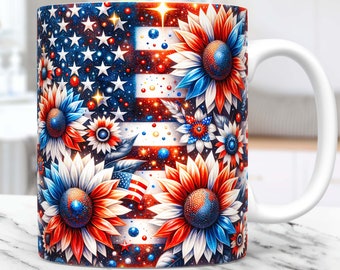 4th of July Mug Wrap American Flag Sunflowers Mug PNG Sublimation Design Floral Patriotic Independence Day 11oz 15oz Coffee Cup Template Mug
