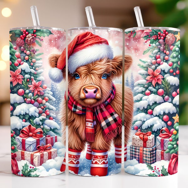 Highland Cow Christmas Tumbler Wrap, 20oz Skinny Tumbler Sublimation Design, Christmas Highland Cow Tumbler PNG, Instant Digital Download