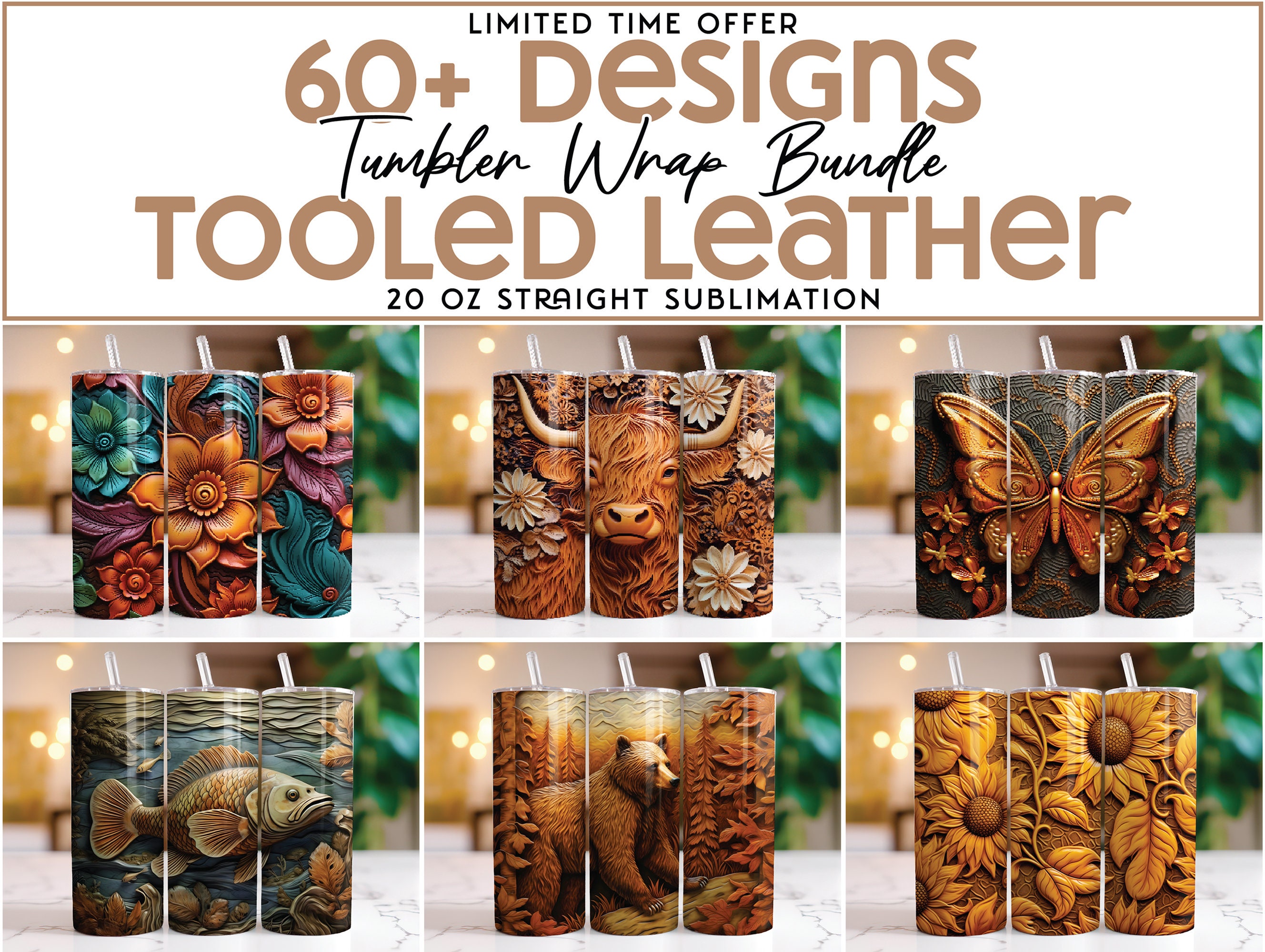 3D Tooled Leather Tumbler Wrap Bundle Rustic 20 oz Skinny Tumbler Sublimation Designs Straight Tumbler PNG, Instant Digital Download
