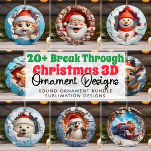 Könnte beinhalten: Ein Set mit über 20 Weihnachtsbaumschmuck-Designs, die 3D-Charaktere zeigen, die aus einer rissigen Oberfläche brechen. Die Designs beinhalten den Weihnachtsmann, einen Schneemann, einen Lebkuchenmann, ein Rentier, einen Eisbären, einen Pinguin und einen Zug. Die Ornamente sind rund und perfekt für die Sublimation.