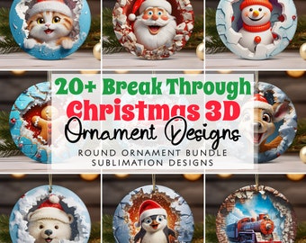 Könnte beinhalten: Ein Set mit über 20 Weihnachtsbaumschmuck-Designs, die 3D-Charaktere zeigen, die aus einer rissigen Oberfläche brechen. Die Designs beinhalten den Weihnachtsmann, einen Schneemann, einen Lebkuchenmann, ein Rentier, einen Eisbären, einen Pinguin und einen Zug. Die Ornamente sind rund und perfekt für die Sublimation.