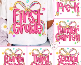 Pacote de PNG de coquete preppy de volta às aulas, design de camiseta para o primeiro dia de aula de professora, sublimação de laço rosa feminino, pré-escola, 1ª/2ª/3ª/4ª série
