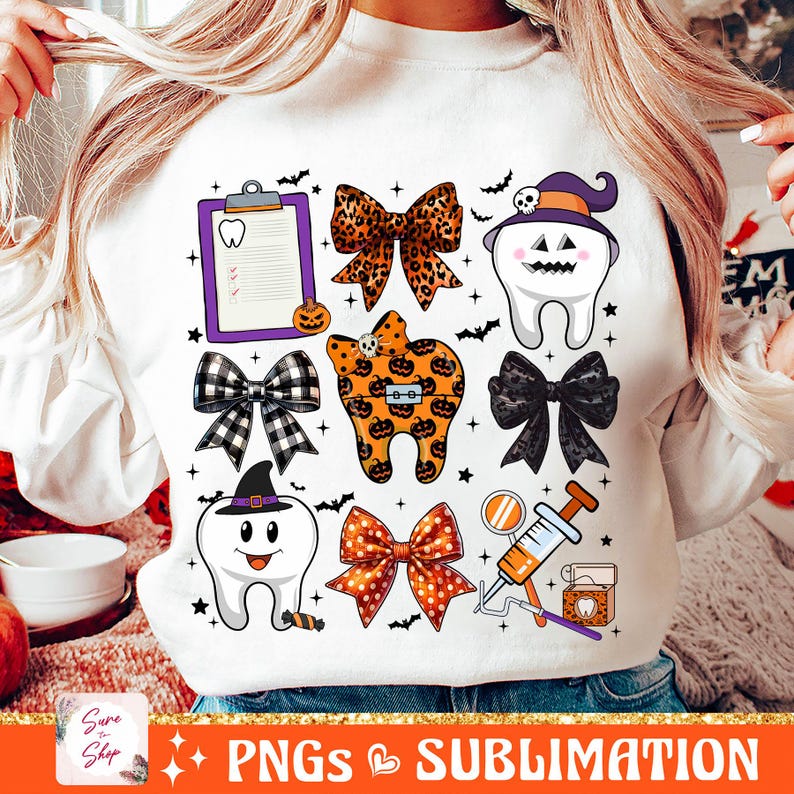 May include: White sweatshirt with a Halloween-themed design featuring a variety of images, including a tooth with a witch's hat, a bow with orange and black polka dots, a clipboard with a tooth icon, and a tooth with a pumpkin design. The text "PNGS SUBLIMATION" is at the bottom of the image.